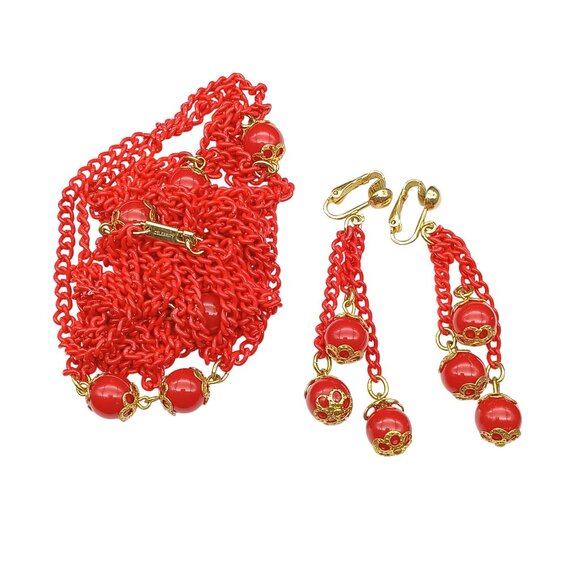 Celebrity NY Vintage Red Beaded Enamel Chain Necklace & Dangle Drop Earrings Set - Picture 2 of 6
